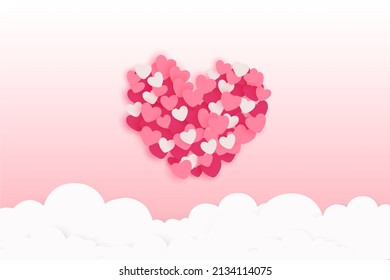 vector illustration with Heart shape on white,Paper art style,Vector symbols of love for Happy Women's, Mother's, Valentine's Day, birthday greeting card design.