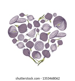 Vector illustration of heart shape with onions for greeting card or social media background and templates