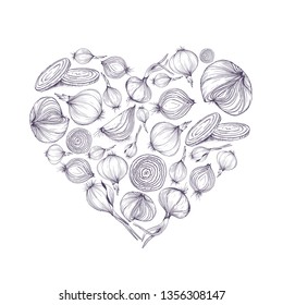 Vector illustration of heart shape with onions for greeting card or social media background and template