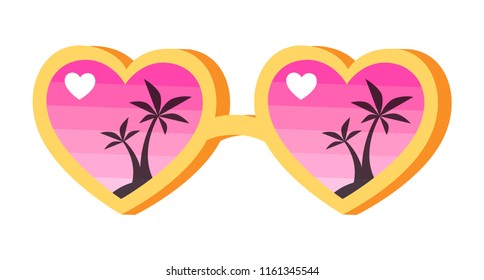 Vector illustration of heart shape pink sun glasses with palm tree reflection isolated on white.