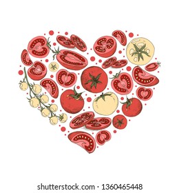 Vector illustration of heart shape with red tomatoes for greeting card or social media background and templates