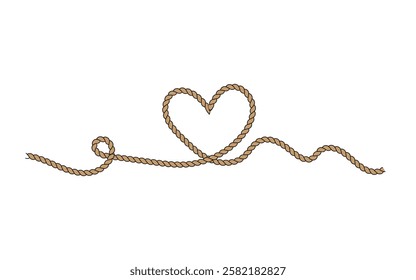 Vector illustration of heart shape rope style decoration element. Linear love heart design formed with rope