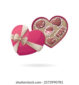 Vector illustration. Heart shaped box with delicious chocolate candies. Closeup Valentine's Day gift. Greeting card, poster or sticker pack.