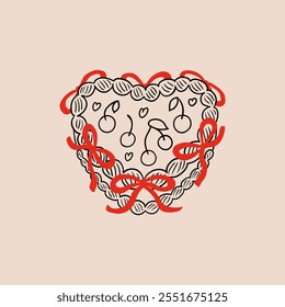 Vector illustration of heart shaped cake with cherries and ribbons in retro sketch style. Holiday birthday, wedding, valentines day clipart in coquette aesthetic