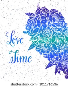 Vector illustration. Heart shaped flower decoration of peonies. Handmade, prints on T-shirts, background white,green blue color