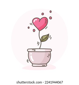 vector illustration of a heart shaped flower growing in a pot