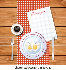 Vector illustration of heart shaped fried eggs on white plate and cup of coffee with heart on red and white chequered tablecloth background and clear sheet with title I love you and space for text. 