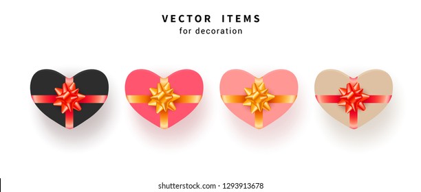 Vector Illustration of heart shaped gift boxes with golden ribbon. Valentines day presents with red gift bows. Collection for birthday, Christmas, sale and shopping