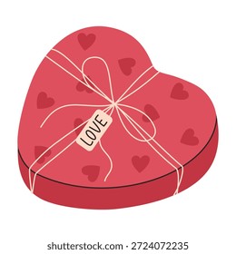 Ilustración vectorial de una caja de regalo en forma de corazón con cinta y etiqueta de amor. Diseño plano romántico para el día de San Valentín, caja de chocolate y concepto de celebración romántica, aislado sobre fondo blanco.