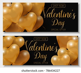 Vector illustration with heart shaped golden balloons and valentine's day text.