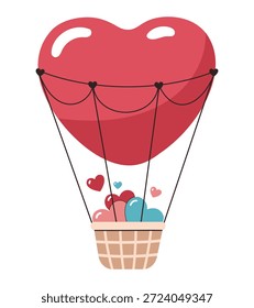 Ilustración vectorial de un globo aerostático en forma de corazón con canasta y corazones. Diseño plano romántico para el día de San Valentín, aislado sobre fondo blanco.