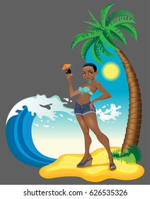 Vector illustration heart shaped image of sexy girl, black woman on the beach wearing bikini with short shorts and sandals near palm tree, sea ocean wave and the sun on background