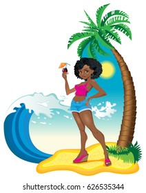 Vector illustration heart shaped image of sexy girl, black woman on the beach wearing bikini with short shorts and sandals near palm tree, sea ocean wave and the sun on background