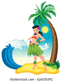 Vector illustration heart shaped image of sexy girl, white woman on the beach wearing bikini near palm tree, sea ocean wave and the sun on background