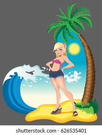 Vector illustration heart shaped image of sexy girl, white woman blonde on the beach wearing bikini with short shorts and sandals near palm tree, sea ocean wave and the sun on background