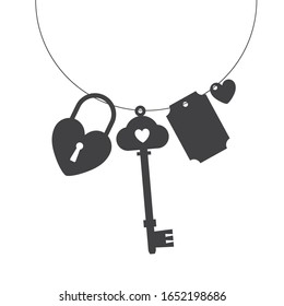 Vector illustration of heart shaped keys, trinkets and locks. Black silhouettes on white background