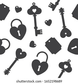 Vector illustration of heart shaped keys, trinkets and locks. Black silhouettes on white background. Seamless pattern