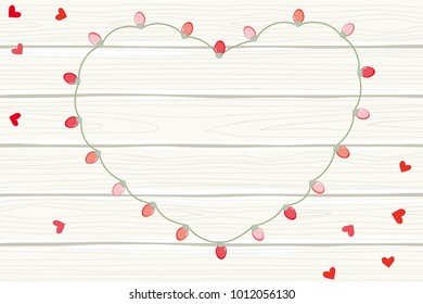 Vector illustration of heart shaped light garland on white wood board