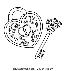 Vector illustration of heart shaped lock and its key. Romantic doodle sketch of items for valentine's day. 