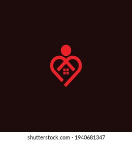 ilustración vectorial. logotipo en forma de corazón de personas abstractas abrazando la casa. mobiliario de casa, inmobiliario
