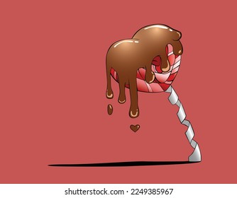 vector illustration of heart shaped lollipop covered with melting chocolate 
