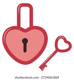 Ilustração vetorial de um cadeado e uma chave em forma de coração. Design plano romântico para o Dia dos Namorados, símbolo do amor e conceito de relacionamento, isolado no fundo branco.