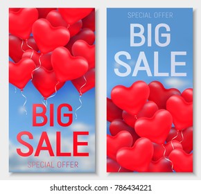 Vector illustration with heart shaped red balloons, blue sky and big sale text.