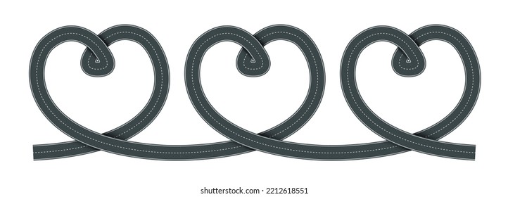 Vector illustration heart shaped road and white markings isolated white background  Empty heart shaped asphalt road in top view  Valentine Day template 