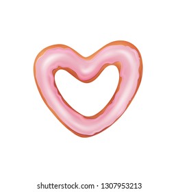 Vector illustration of heart shaped tasty realistic 3D donut with glossy pink glaze on it. Pastry isolated at white background. Sweet love and Valentine's Day concept. Flat top view.