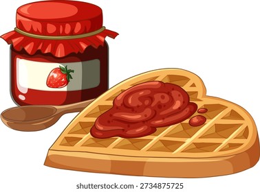 Vector illustration of a heart shaped waffle topped with jam beside a strawberry preserve jar