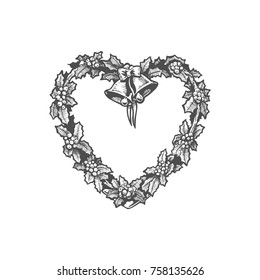Vector illustration of Heart shaped wreath in ink hand drawn style.