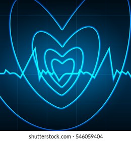 Vector illustration. Heart of the spiral in the background of the cardiogram. Design for business card, banner, brochure, medical clinics.