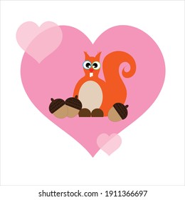 Vector illustration of heart with squirrel and nuts. Symbol of animal, care and love.