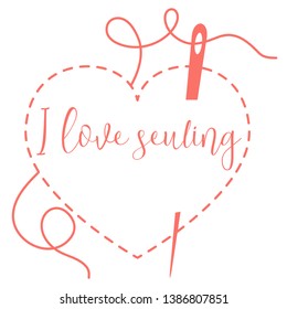 Vector illustration with heart stitches and needle with thread. Tools, accessories for sewing. Template for design, fabric, print.