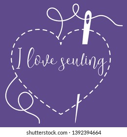 Vector illustration with heart stitches and needle with thread. Tools, accessories for sewing. Template for design, fabric, print.