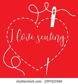 Vector illustration with heart stitches and needle with thread. Tools, accessories for sewing. Template for design, fabric, print.