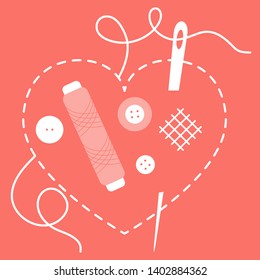 Vector illustration with heart stitches, needle with thread, buttons, spool of thread. Tools, accessories for sewing. Template for design, fabric, print.