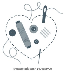 Vector illustration with heart stitches, needle with thread, buttons, spool of thread. Tools, accessories for sewing. Template for design, fabric, print.