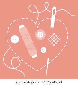 Vector illustration with heart stitches, needle with thread, buttons, spool of thread. Tools, accessories for sewing. Template for design, fabric, print.
