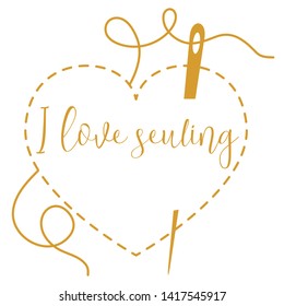 Vector illustration with heart stitches and needle with thread. Tools, accessories for sewing. Template for design, fabric, print.