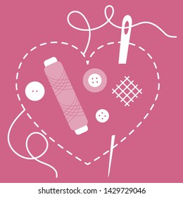 Vector illustration with heart stitches, needle with thread, buttons, spool of thread. Tools, accessories for sewing. Template for design, fabric, print.