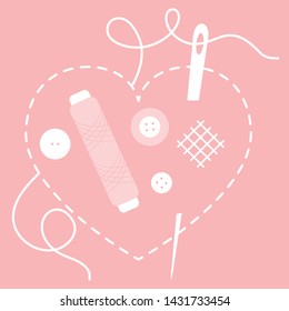 Vector illustration with heart stitches, needle with thread, buttons, spool of thread. Tools, accessories for sewing. Template for design, fabric, print.