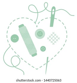 Vector illustration with heart stitches, needle with thread, buttons, spool of thread. Tools, accessories for sewing. Template for design, fabric, print.
