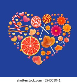 Vector illustration with heart  sweets. Candys glow motley background.