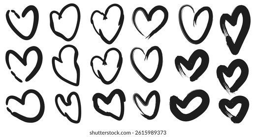 Vector illustration of heart symbol collection, brush stroke love shaped elements.