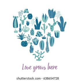 vector illustration of a heart symbol made of cacti and Love grows here text