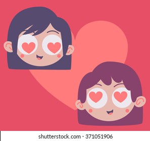 Vector illustration of a heart with two heads representing a couple with hearts in their eyes inside. 