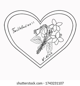 Vector illustration of a heart with violets flowers. Expression of feelings.