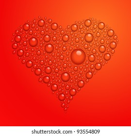 Vector illustration of heart from water drops on red background