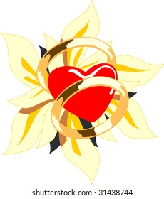 Vector illustration of heart and wedding rings with flower. Itâ??s symbol of love.